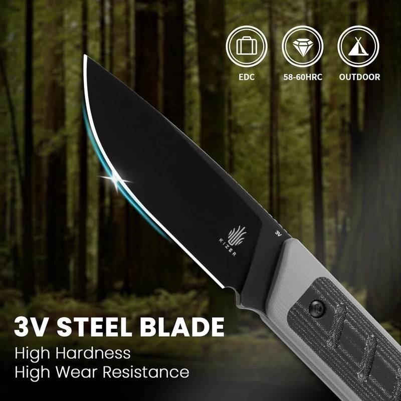 KIZER Smolt Fixed Blade Knife, 2.93 In Drop Point Blade Fixed-blade Knives with Sheath, 3V Steel and G10+Micarta Handle Fixed Blade Utility Knife for Men Women Outdoor Survival EDC, 1063A1 - Image 2